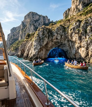Wooden rowboats entering the Blue Grotto in Capri seen from luxury yacht deck
