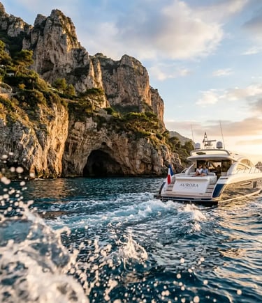 Aurora yacht cruising the rugged Capri coastline near a sea cave at sunset
