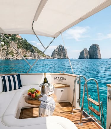 Capri boat tour luxury yacht deck with prosecco, freshwater shower and Faraglioni rocks behind