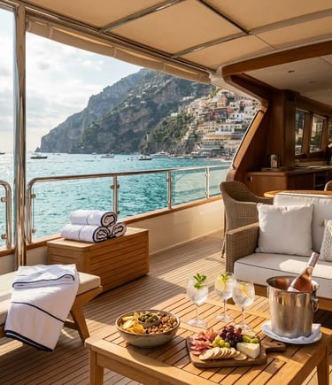 Yacht deck set with fresh snacks drinks and towels overlooking Amalfi Coast village