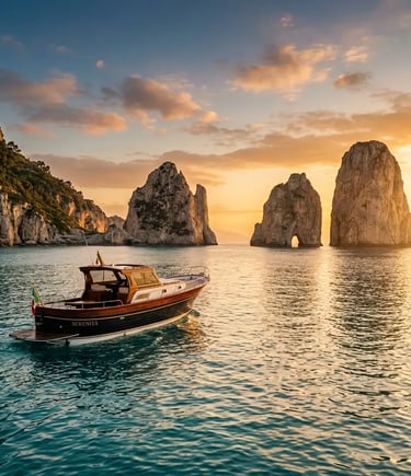 Luxury wooden yacht gliding past Capri Faraglioni rocks at golden sunset on calm Tyrrhenian Sea