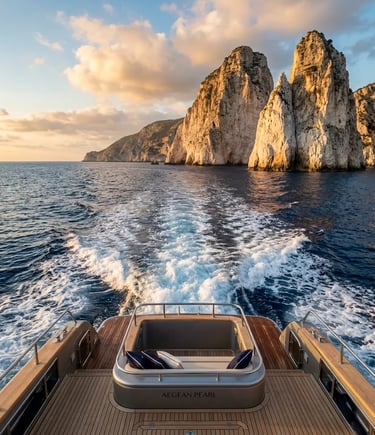 Luxury yacht stern view looking back at dramatic Mizithres rock formations at sunset