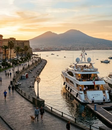 Private yacht moored at Naples waterfront promenade with Mount Vesuvius at sunset