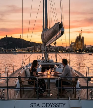  Couple enjoying dinner on yacht stern deck with Sagrada Familia and Montjuïc at sunset