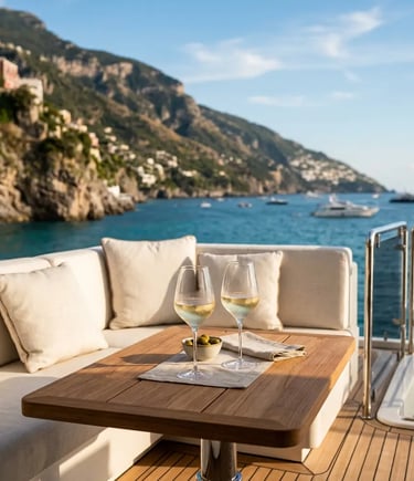 Two glasses of white wine and olives on yacht teak table along the Amalfi Coast