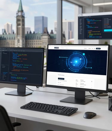 A modern workspace with a glowing laptop displaying a vibrant website design in dark mode.