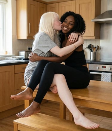 Diverse lesbian couple hugging and kissing while sitting on a wooden kitchen table.