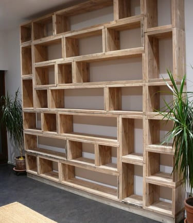 a wooden shelf with a plant in it