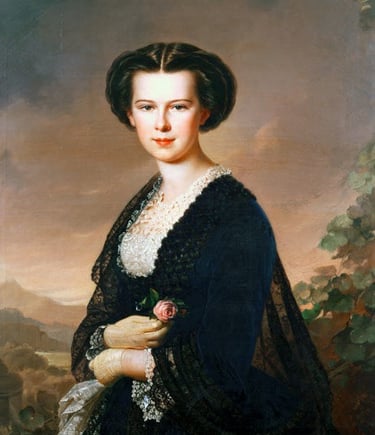 Oil painting of a noblewoman in a navy dress with lace shawl holding a pink rose.