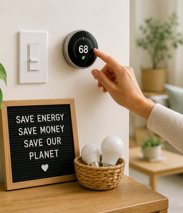 Adjusting a smart thermostat and using energy-efficient lighting to reduce household energy use.