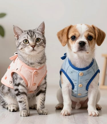 Un lindo gato atigrado y un pequeño cachorro con chalecos coloridos para mascotas sentados juntos.