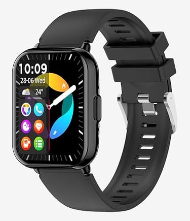 Black waterproof smartwatch with a silicone strap and fitness tracking display showing apps and health data.