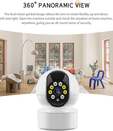 A white 360-degree panoramic smart home security camera with a dual motor gimbal in a modern living room.