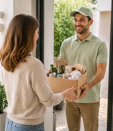 Persona consegna una scatola con materiali riciclabili come cartone, vetro e lattine a un operatore di ritiro