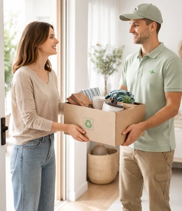 Persona consegna una scatola di oggetti da smaltire a un operatore di ritiro davanti alla porta di casa