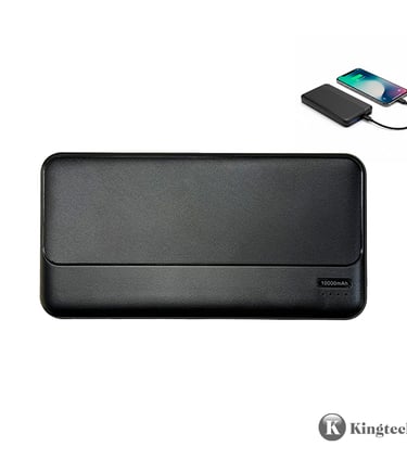 Black 10000mAh portable power bank for charging a smartphone via USB cable.