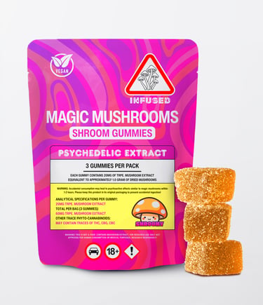 Pink pouch of psychedelic magic mushroom gummies with three sugar-coated edible shroom cubes.