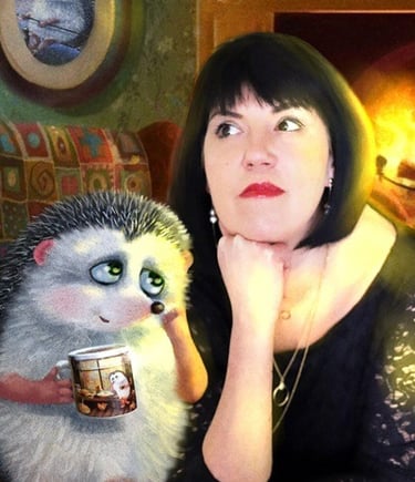 A woman with a hedgehog holding a mug, both gazing thoughtfully by a cozy fireplace.
