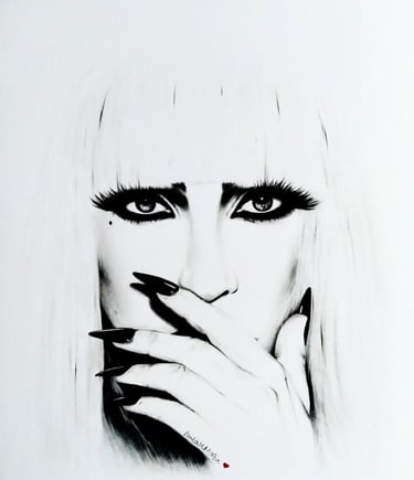 Lady gaga with long white hair and a black and white drawing of a woman '