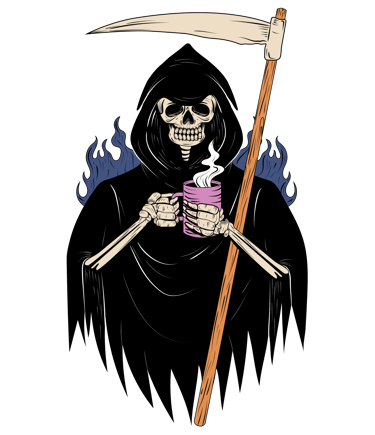 Grim Reaper skeleton in a black hood holding a scythe and drinking hot coffee with blue flames background.