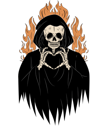Grim Reaper skull illustration wearing a black hood making a heart sign with skeletal hands over flames.