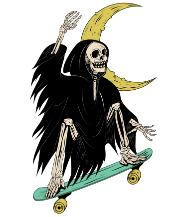 Grim Reaper skeleton riding a skateboard with a crescent moon background in a vintage tattoo style illustration.