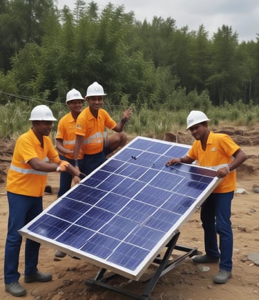 Team members of Cosmo Power Ventures working on a solar project.