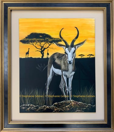 Framed African wildlife scratchboard of a springbok antelope in the twilight hours of the day.