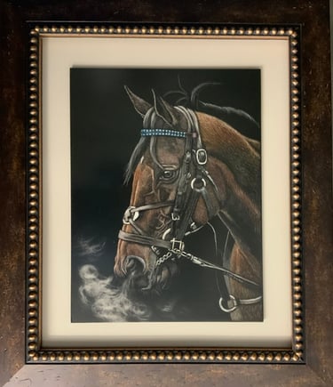 Framed colored scratchboard of a bay horse in harness with breath visible in cold air.