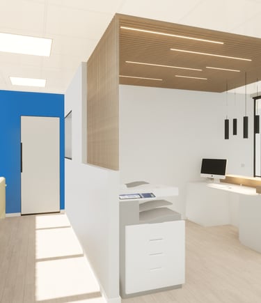 Espace d'accueil d'un bureau aménagé avec une structure sur-mesure en bois