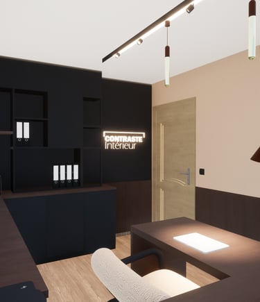 Bureau d'architecte d'intérieur aménagé avec des mobiliers sur-mesure noirs et contemporains