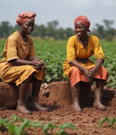 Two people are working in a field, using hoes to cultivate the soil. They are dressed in colorful, patterned garments, and the landscape around them features rows of plants and scattered trees under a clear blue sky. The scene suggests agricultural activity.