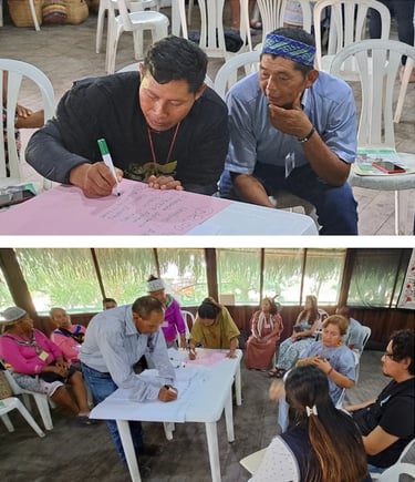 Indigenous community members participating in a collaborative workshop about health and Ayahuasca.
