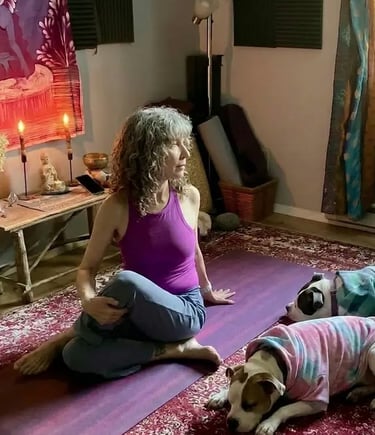 Image of a woman doing a seated twist on the floor on yoga mat.