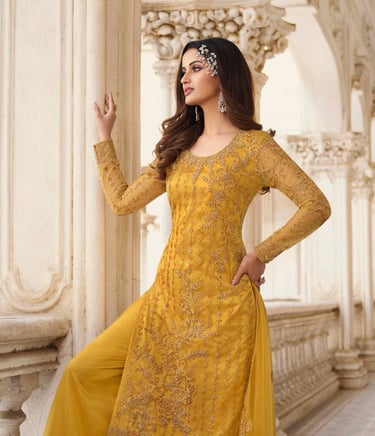 a woman in a yellow dress with a yellow dress