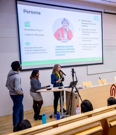 Троє дослідників з презентацією проєкту на фоні. Слайд з описом персони користувача