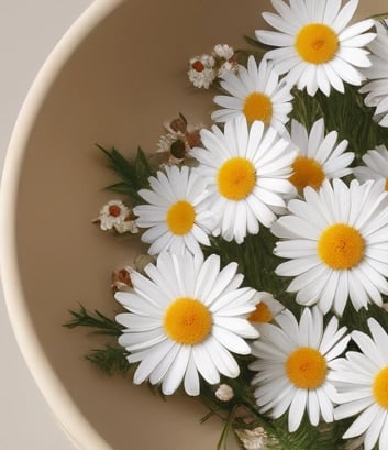 una ciotola di legno piena di margherite