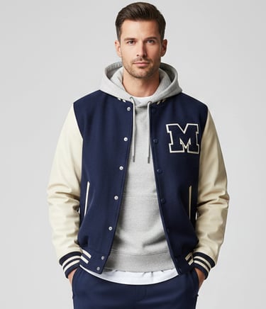 a man in a jacket and sweatpants standing in front of a white wall