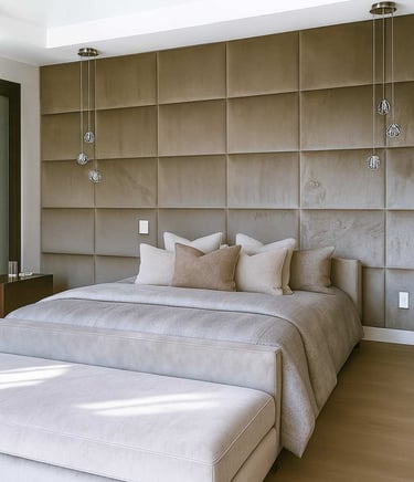 Modern bedroom with full-wall panels and a bench at the foot of a California king bed by Solo Home Decor