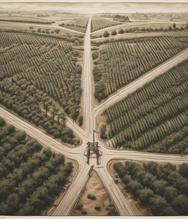 Sunlight filtering through lush vineyard rows stretching toward a clear horizon.