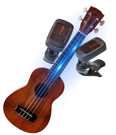 Digital clip-on chromatic tuner for acoustic guitar and ukulele with an LCD display.