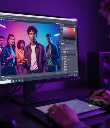 Close-up of a designer editing a vibrant social ad on a high-end monitor, neon violet ambient glow, dark studio setting, hands visible on a graphic tablet