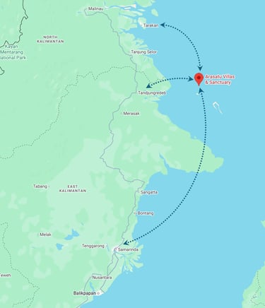 Flight and boat routes to Arasatu Villas & Sanctuary.
