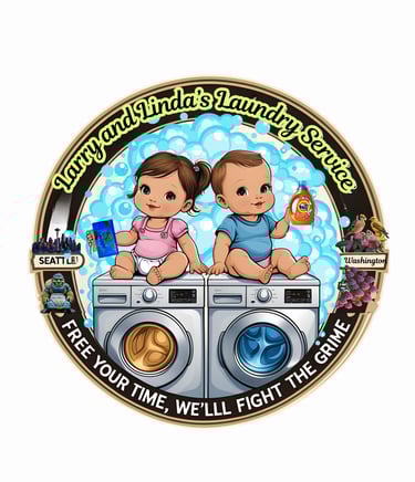 a coin - shaped coin with a baby and a baby the logo for Larry & Linda's Laundry Service