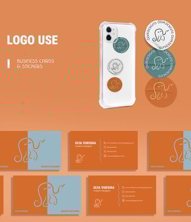 Logo Design Business cards stickers orange greem octopus warm color palette retro style design