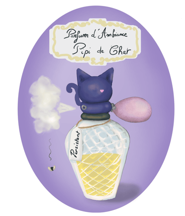 dessin humoristique d'une bouteille de parfum contenant du pipi de chat