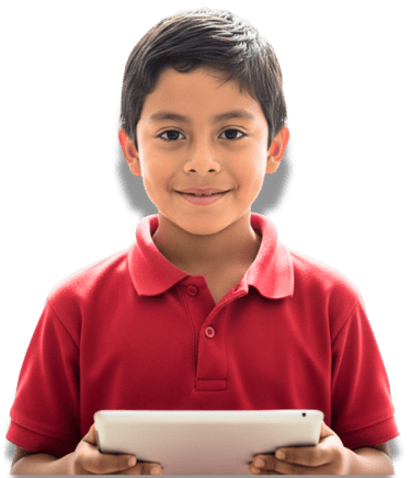 niño de 8 años peruano de educación primaria con una tableta en la mano
