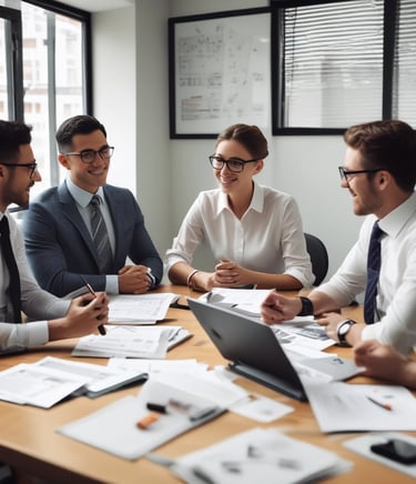 A professional team meeting in an office setting, discussing staffing solutions.