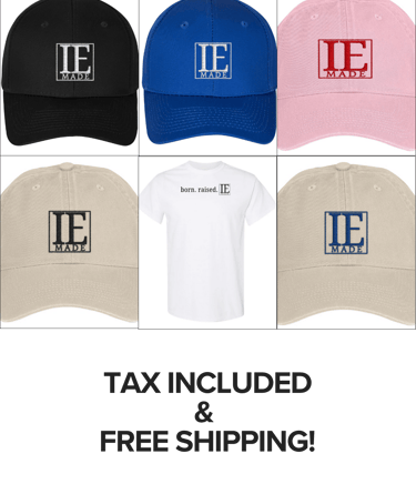 caps of varying colors and a white t, all with IE Made 