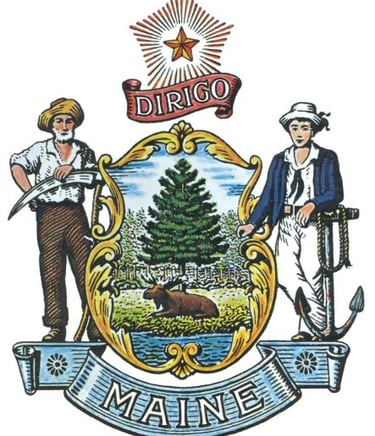 State Seal of Maine featuring a pine tree, moose, farmer, and sailor with the Dirigo motto.